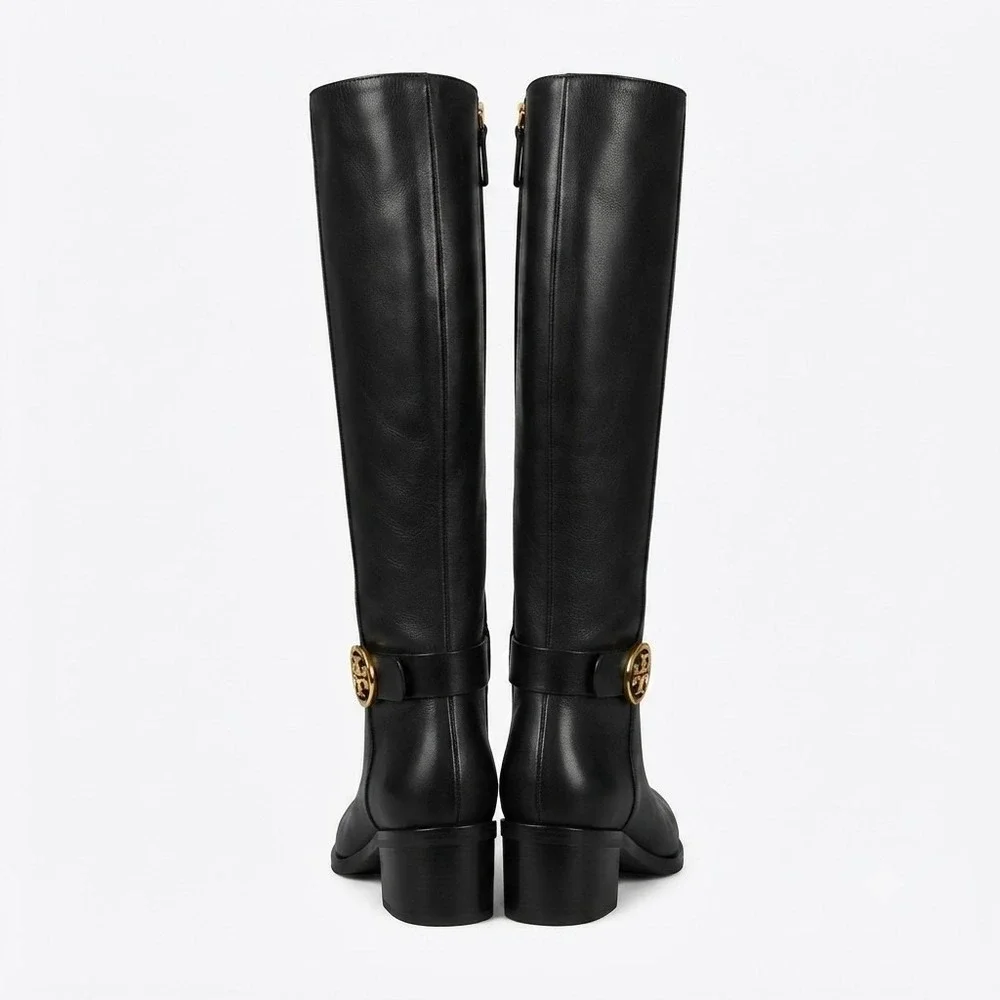 Tory Burch Black Leather Riding Boots Gold Buckle Tall Chic Equestrian 7.5 M